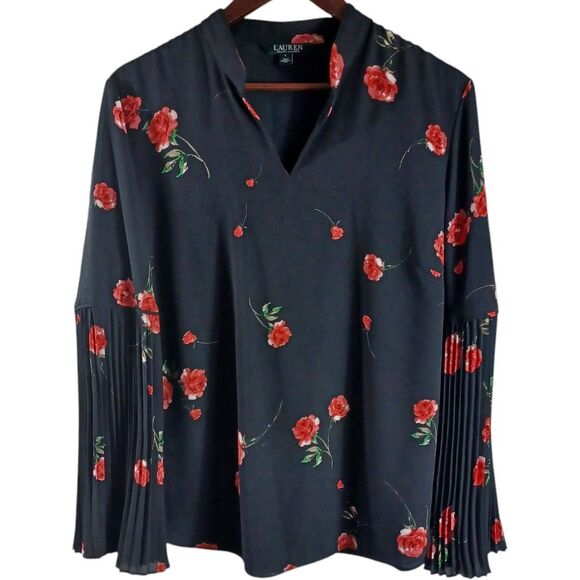 Lauren Ralph Lauren Black Sz L Romantic Cottagecore Boho Floral Bell Sleeve Top - Picture 3 of 10